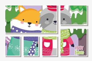 Merry Christmas card set with winter ox and raccoon vector