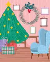 Merry Christmas poster with cute xmas tree at home vector