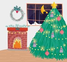 Merry Christmas poster with cute xmas tree at home vector