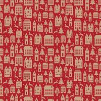 Ancient city seamless color pattern with old buildings for wallpaper or background design on red. Christmas and new year winter background. vector