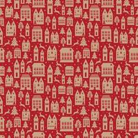 Ancient city seamless color pattern with old buildings for wallpaper or background design on red. Christmas and new year winter background. vector