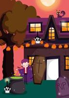 feliz halloween, truco o trato con lindos personajes vector