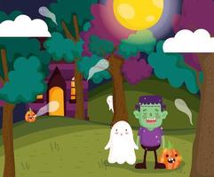 feliz halloween, truco o trato con lindos personajes vector