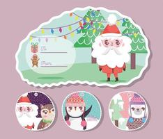 etiqueta de celebración navideña con personajes de invierno vector