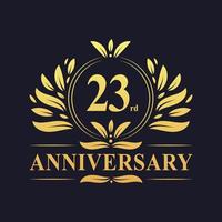 Diseño de 23 aniversario, lujoso logo de aniversario de 23 años de color dorado. vector