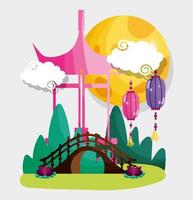 chinese gate lanterns and moon vector