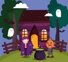 feliz halloween, juego de tarjetas de truco o trato con personajes lindos vector