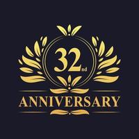 32nd Anniversary Design, luxurious golden color 32 years Anniversary logo. vector