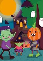 feliz halloween, truco o trato con lindos personajes vector