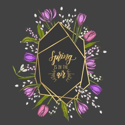 Spring frame with golden geometric diamond Shapes and hand drawn flowers - lilies of the valley, snowdrops, tulip, willow, crocus - on black. Gold frames for wedding, birthday invitations