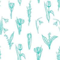 Spring seamless pattern with hand drawn flowers lilies of the valley, willow, tulip, snowdrop, crocus. Pattern can be used for wallpaper, web page background, surface textures. vector