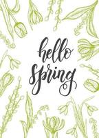 Spring card with hand drawn flowers-lilies of the valley, tulip, willow, snowdrop, crocus - isolated on white. Hand made lettering- Hello Spring vector