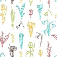 primavera de patrones sin fisuras con flores dibujadas a mano lirios del valle, sauce, tulipán, campanilla blanca, crocus. El patrón se puede utilizar para papel tapiz, fondo de página web, texturas superficiales. vector