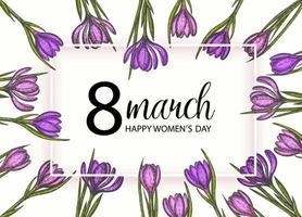 Happy Womens Day. background to the 8th of March Womens Day. Spring flowers hand drawn lilac and pink crocus. Vintage hand drawn set of crocus. vector