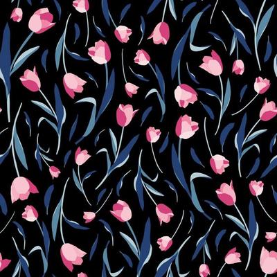 Tulips flowers and leaves seamless pattern on black background