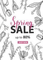 Spring Sale Up to 80 off Card with hand drawn flowers-lilies of the valley, tulip, snowdrop, crocus. Hand made lettering vector