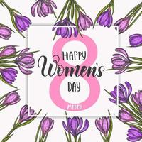 Happy Womens Day. background to the 8th of March Womens Day. Spring flowers hand drawn lilac and pink crocus. Vintage hand drawn set of crocus. vector