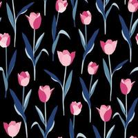 Tulips flowers seamless pattern on black background vector