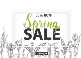 Spring Sale. Up to 80 Card with hand drawn flowers-lilies of the valley, tulip, snowdrop, crocus. Hand made lettering vector