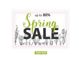 Spring Sale Up to 80 Card with hand drawn flowers-lilies of the valley, tulip, snowdrop, crocus. Hand made lettering vector