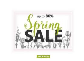 Spring Sale Up to 80 Card with hand drawn flowers-lilies of the valley, tulip, snowdrop, crocus. Hand made lettering vector