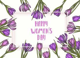 Happy Womens Day. background to the 8th of March Womens Day. Spring flowers hand drawn lilac and pink crocus. Vintage hand drawn set of crocus. vector