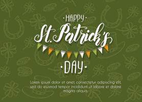 St Patrick's day Poster with Hand drawn doodle St. Patrick's hat, horseshoe, four-leaf clover and gold coins. St Patrick's day. Lettering. Place for your text. vector