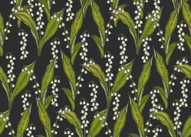 Spring seamless pattern with hand drawn flowers lilies of the valley on black. Pattern can be used for wallpaper, web page background, surface textures. vector