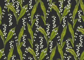 Spring seamless pattern with hand drawn flowers lilies of the valley on black. Pattern can be used for wallpaper, web page background, surface textures. vector