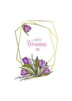 Women's Day frame with golden geometric diamond Shapes and hand drawn flowers - lilies of the valley, tulip, willow, crocus - isolated on white. Gold frames 8th of March. Lettering vector