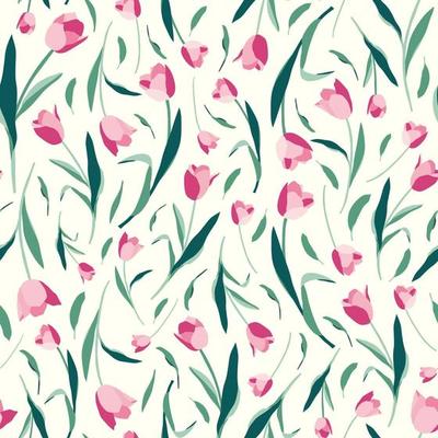 Tulips flowers and leaves seamless pattern on white background
