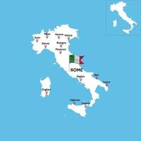 A detailed map of Italy with indexes of major cities of the country. National flag of the state.