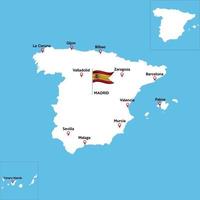 un mapa detallado de españa con índices de las principales ciudades del país. bandera nacional del estado. vector