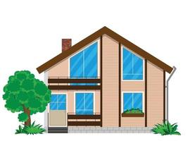 The facade of a house with bushes and a tree on a white background. The building has two floors and a balcony. vector