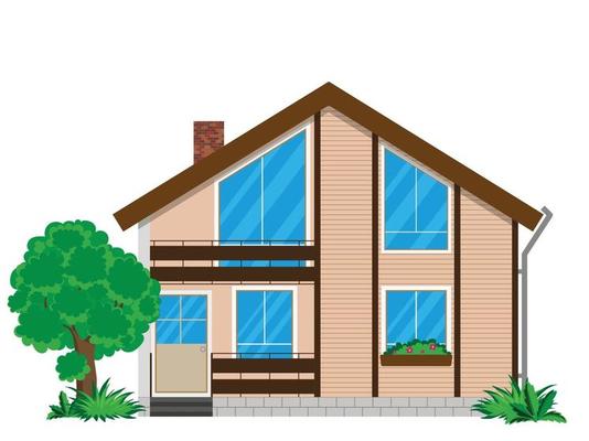 The facade of a house with bushes and a tree on a white background. The building has two floors and a balcony.