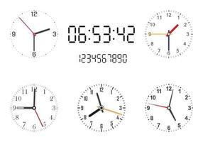 Conjunto de caras de reloj analógicas y digitales sobre fondo blanco. manecillas del reloj. vector