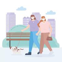 Women walking the dog with face masks vector