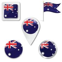 Set of icons of the national flag of Australia in different designs on a white background. Realistic vector illustration. Button, pointer and checkbox.