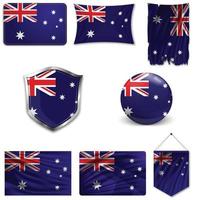 Set of the national flag of Australia in different designs on a white background. Realistic vector illustration.