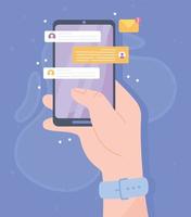 Hand with smartphone, social media concept vector