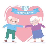feliz día de los abuelos, pareja de ancianos tomados de la mano en una tarjeta de dibujos animados en forma de corazón