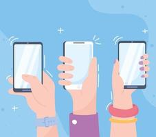 Hands with smartphones, social media concept vector