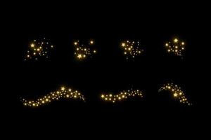 conjunto de nube estrellada con polvo. el polvo son chispas amarillas y las estrellas doradas brillan con una luz especial. vector brilla sobre un fondo negro. efecto de luz navideña. partículas de polvo mágicas brillantes