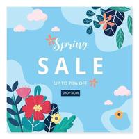 Spring sale banner and social media post template. Vector flat design with flowers.