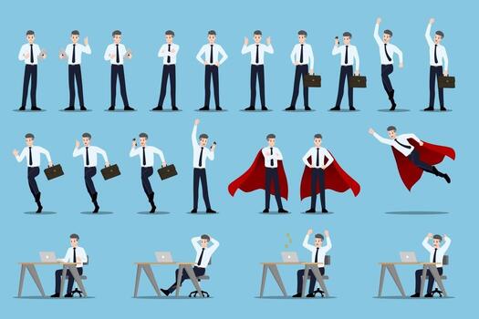 Flat design concept of Businessman with different poses, working and presenting process gestures, actions and poses. vector