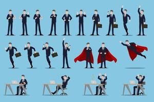 Flat design concept of Businessman with different poses, working and presenting process gestures, actions and poses. Vector cartoon character design set.