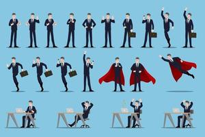 Flat design concept of Businessman with different poses, working and presenting process gestures, actions and poses. Vector cartoon character design set.