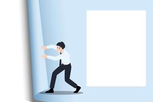 Small, tiny, mini Businessman pulling a paper page of notebook to open it. vector