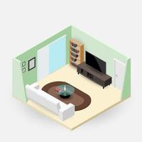 sala de concepto, composición isométrica 3d con un sofá y una gran televisión de pantalla ancha, una sala de estar con muchos muebles, una ventana y una puerta de diseño moderno vectorial. vector