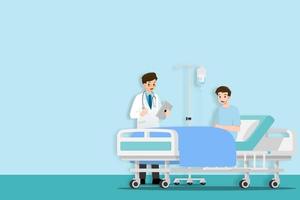 The doctors visit and treats the patient who is resting on the bed in the hospital room. vector